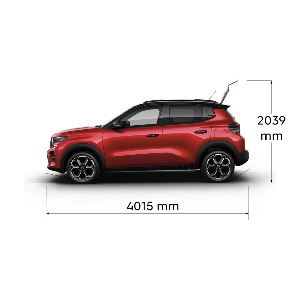 Multi‑aanzicht van de Citroën ë‑C3 elektrische SUV met volledige buitenmaten voor praktische, ruime en betaalbare dagelijkse mobiliteit.