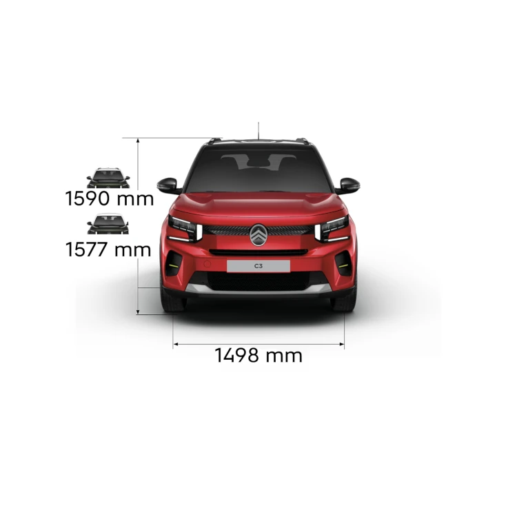 Multi‑aanzicht van de Citroën ë‑C3 elektrische SUV met volledige buitenmaten voor praktische, ruime en betaalbare dagelijkse mobiliteit.