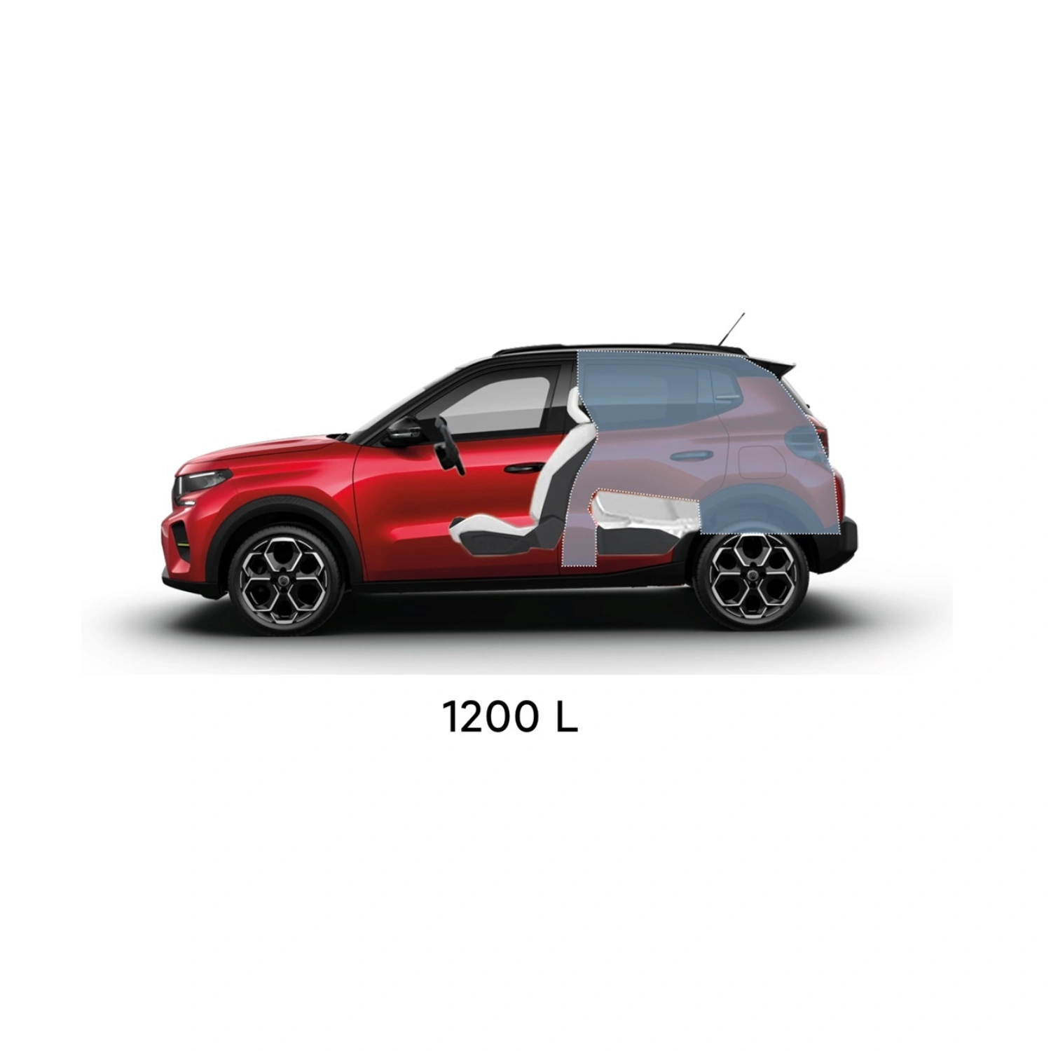Multi‑aanzicht van de Citroën ë‑C3 elektrische SUV met volledige buitenmaten voor praktische, ruime en betaalbare dagelijkse mobiliteit.