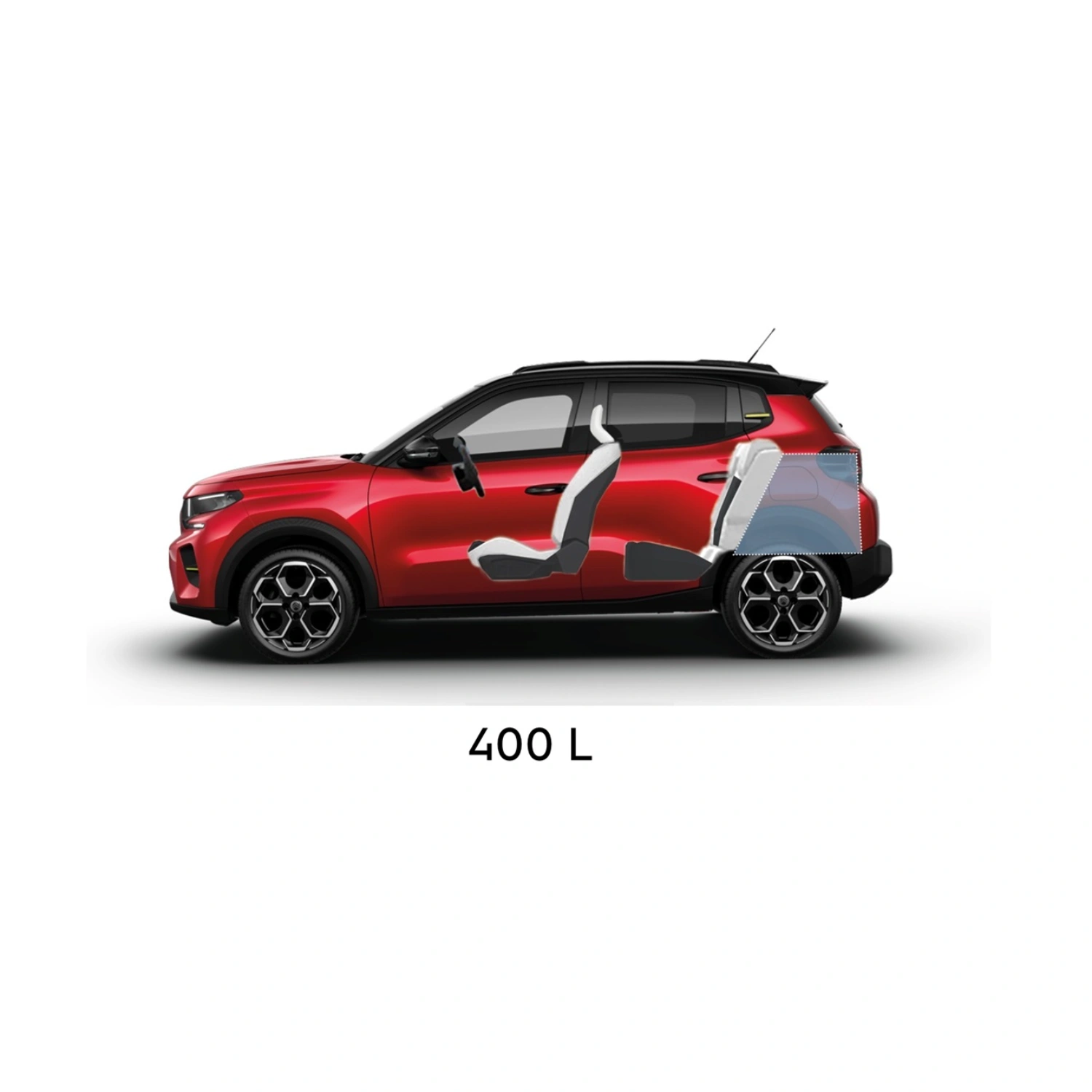 Multi‑aanzicht van de Citroën ë‑C3 elektrische SUV met volledige buitenmaten voor praktische, ruime en betaalbare dagelijkse mobiliteit.